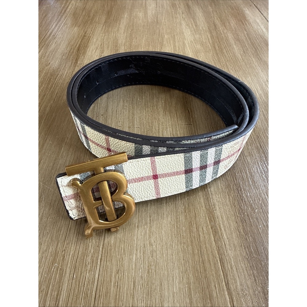 Burberry Men's Reversible Belt Gold TB Logo Buckle Check Black/Beige 29-35